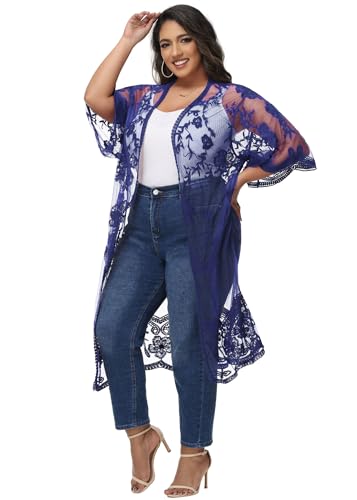 Image of Anna-Kaci Women's Plus Size Lace Cardigan Embroidered Long Kimono Dusters with Half Sleeves