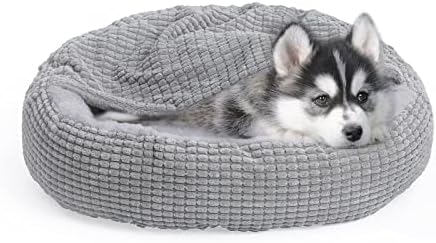 Alalulu Small Dog and Cat Bed with Hooded Blanket, Donut Round Calming Anti-Anxiety Pet Cave for Indoor Kitty or Puppy’s Warmth, with Anti-Slip and Water/Dirt Resistant Base, Machine Washable