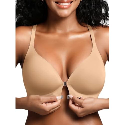 Racerback Bras with Metal Magnetic Front Closure - S-XL Wireless for Women No Underwire Seamless Supportive Bralettes Beige Large