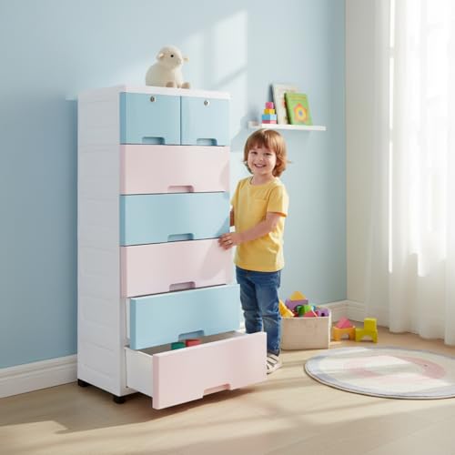 Image of The Tickle Toe Plastic Chest of 7 Drawers for Kids | Multipurpose Organizer with 2 Locks | Portable Wardrobe Cabinet for Clothes & Toys | Glossy Finish | 51L x 33W x 121H cm | 4 Blue & 3 Pink