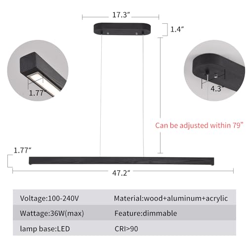 Image of 47 inch Black Linear Pendant Light Wooden Led Linear Pendant Light Fixtures Ceiling Hanging Dimmable Pendant Lights for Dining Room Kitchen Island Pool Table Lights Black Wood Finish