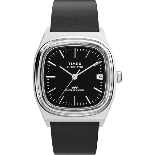 Image of TIMEX Q Mechanical Automatic Watch for man with Black Rectangle Dial & Black Leather Strap Band Water Resistant Men's Wrist Watches - TW2Y07500UJ