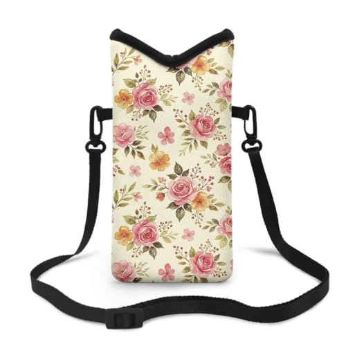 Image of Small Crossbody Bag for Women Waterproof Cell Phone Case Neoprene Mobile Phone Protection Bag Mini Satchel for Travel, Beach, Casual, Rose Floral Beige