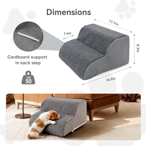 Image of 2 Steps Dog Stairs for Sofas & Chairs, 8.3 inch Tall Pet Steps for Small to Medium Dogs & Cats, Waterproof with Removable Cover & PE Support Board for Sofa, Chair, or Stairs