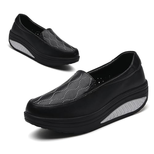 Image of Women's Leather Platform Slip On Nurse Loafers Comfortable Lightweight Wedge Orthotic Sneakers Casual Rocker Shoes