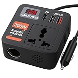 Primate 200W Car Power Inverter with 2 USB Ports(18W & 15W QC3.0),1 USB-C 30W PD,2 AC Universal Outlets,12V DC to 220V AC Converter for Laptop,Phone,and Electronics Charging(Plug Car Charger),Black
