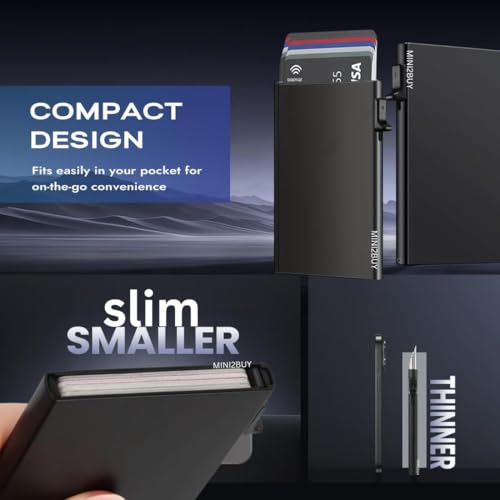 Image of Mini2buy Customized Aluminium Pop-Up Slim Card Wallet with Quick Access Button for Men & Women [Smart 6 Slot Credit /Debit ATM] RFID Blocking, Minimalist Design, Corporate Gift (9 Slot-Black)