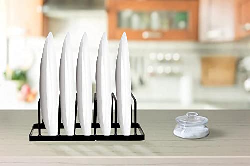 Image of Small Plate Stand Rack - Pack of 2 Black Iron Dish Rack Organizers for Countertop, Space-Saving 5-Slot Kitchen Plate Holder, 8.25 inch L x 5 inch W x 4.5 inch H