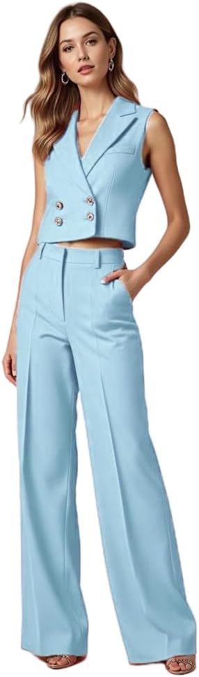 Womens Vest and Wide Pants Set 2 Piece Outfits Sleeveless Blazers Business Professional Beach Vacation Clothes for Women