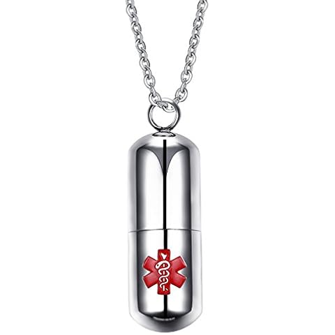 Flongo Fashion Pill Case Capsule Pendant Necklace Stainless Steel Mens Womens, 20 inch Chain, Cross Medicine Keepsake Pendant Necklace (Medical Alert Pill) Cover