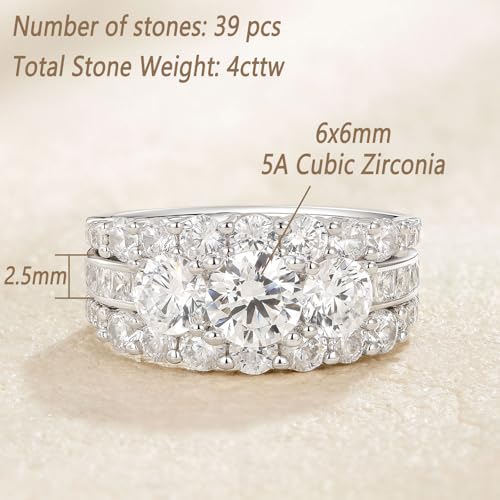 Wuziwen Vintage Three Stone Engagement Rings for Women Sterling Silver Wedding Bridal Sets Round Cut Band Ring Enhancer Cubic Zirconia 5