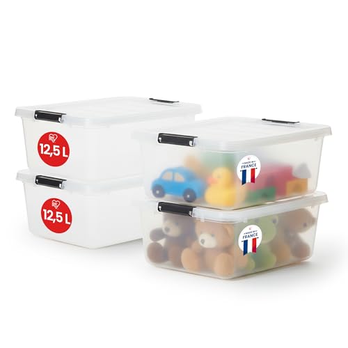 Iris Ohyama, Boite Rangement Plastique avec Couvercle, 12.5L, Lot de 4, Transparent, Clips de Fermeture, Poignée, Empilable, Organisation Solide & Durable, pour Chambre, Dressing, Bureau, FTB-12.5
