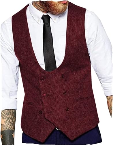 Mens Double Breasted Suit Vest Slim Fit Business Vest Formal Groomsmen Waistcoat for Wedding