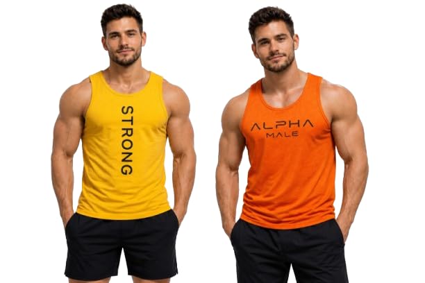 Pack of 2 Tank Tops Sleeveless T-Shirt for Men Gym Wear Vest Printed Stylish Round Neck Running for Sports Workout Fitness & Casual or Beach Wear-picture-39