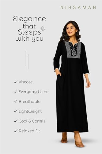 Image of NIHSAMAH Viscose Nighty for Women, Embroidered & Printed Stylish Night Gown, Long Sleeve Comfortable Sleepwear Long Nightwear, Maxi