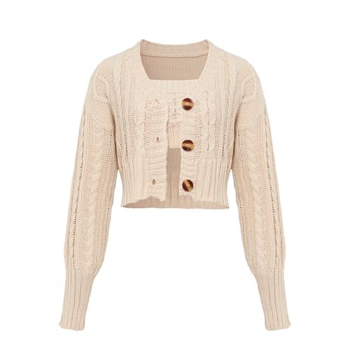 Women's 2 Piece Button Knitted Cardigan and Tube Top Casual Soft Crop Cardigan Sets