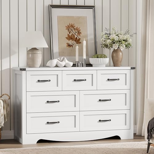 Image of Dresser for Bedroom with 7 Drawers, 48 inch Wide Modern Chest of Drawers with Deep Drawers & Mental Handle, Wood Dresser TV Stand, Wooden Closet Storage Organizer for Living Room, Hallway, Entryway, White