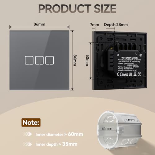 BSEED Smart Touch Lichtschalter,Glas Schalter Unterputz,Wandlichtschalter mit LED Hintergrundbeleuchtung,Neu E-Serie,16A 250V,3 Fach 1 Weg,86mm Grau