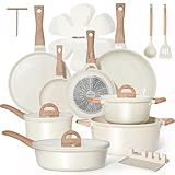 Pots and Pans Set Non Stick Non-Toxic 22 Pcs Ceramic Cookware Sets Nonstick Kitchen Pot&Pan With Lid Cream White Granite Induction Compatible with Glass Lids Crepe Frying Pan PFOA/PFOS-Free