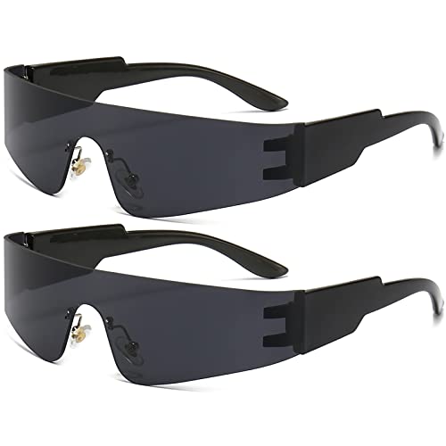 AIEYEZO Modern Fashion Rimless Futuristic Wrap Around Sunglasses Women Men Cyberpunk Visor Sun Glasses Trendy Future Shades (Black/Grey + Black/Grey)