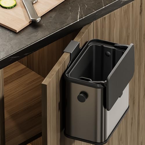 Stainless Steel Compost Bin Countertop with Lid, Hanging Trash Ca...