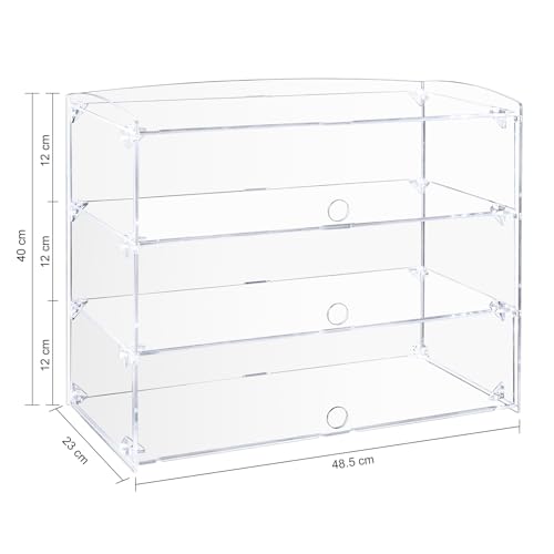 Fhmidic 3-stöckige Gebäck-Vitrine, Acryl-Thekenvitrine Bäckerei-Vitrine 48.5x23x40cm, Acryl Vitrine für Sammlerstücke Figuren, Bäckerei Konditorei Vitrine für Cupcakes Kekse Brot Minikuchen Donut