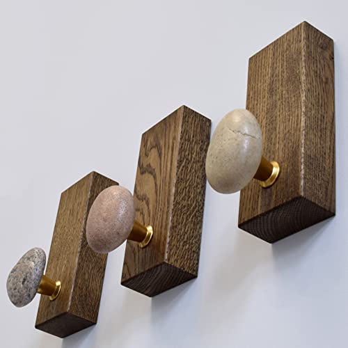 Coat Racks With Natural Sea Stones - Robe Hooks And Hangers - Robe Hooks With Oak Wood Backplate - Unique Coastal Stone Towel Holder #TOP4