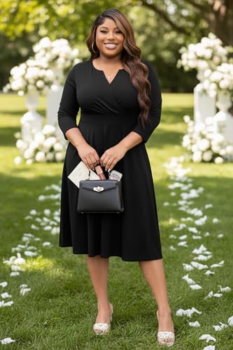 Image of Runwind Women's Plus Size Midi Dress 3 /4 Sleeve Fit and Flare Cocktail Dresses Casual V-Neck Dress with Pockets