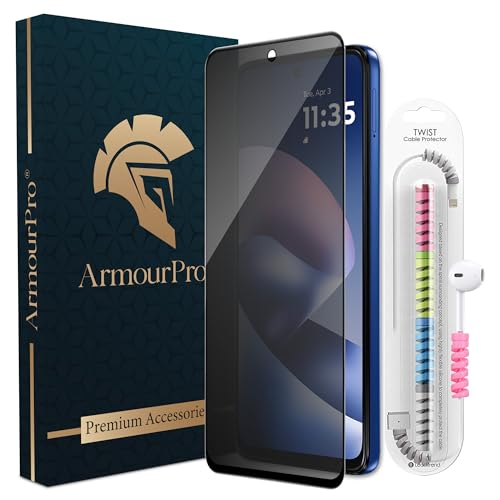 Image of ArmourPro Privacy Tempered Glass for Motorola G37 Power, G37, Anti Spy Anti Peeping Screen Protector, Edge-to-Edge Full Coverage, 9H Hardness with Cable Protector | Black