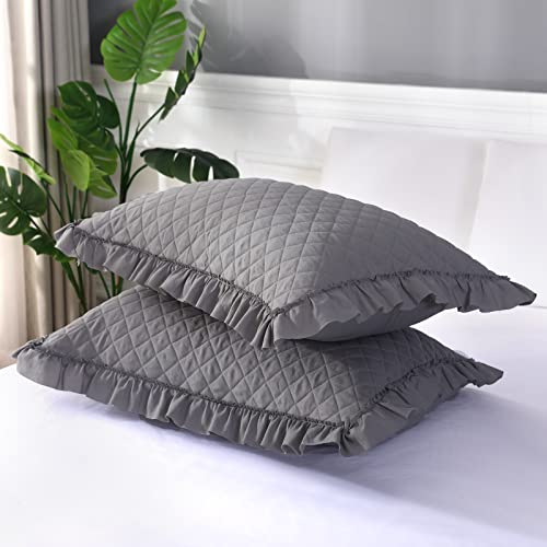 Vessia Quilt Set Dark Grey Queen Size, Ruffled Reversible Quilt Bedding Set, Soft And Warm Microfiber Bedspreads(Includes 1 Quilt, 2 Pillow Shams) #TOP3