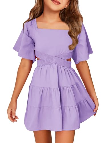 Batermoon Girls Summer Dress Square Neck Short Sleeve Crossover Waist Casual A-line Mini Dress