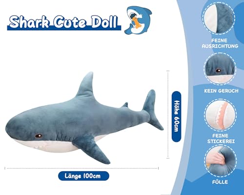 AURWEL XXL Hai Kuscheltier 100cm, Weiches Hai Spielzeug & Plüschtier, Großes Stofftier für Kinderzimmer-Deko, Einfach zu Reinigen Familie, Freunde und Tierliebhaber