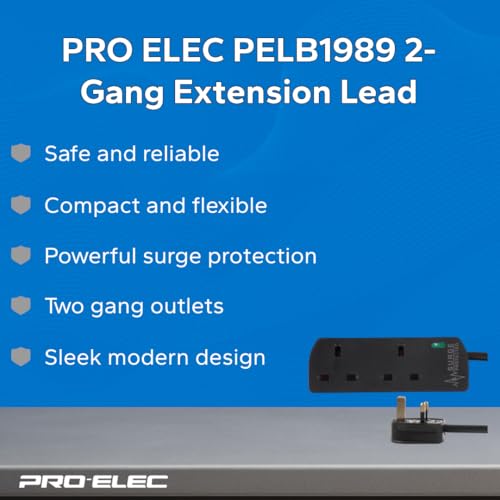 PRO ELEC PELB1989 2-Gang Extension Lead with Surge Protection, 1m, Black - Image 2