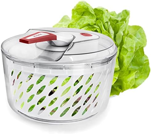 Valore Large Salad Spinner with Serving Bowl and Lid - Effortless Spinning - Lettuce Spinner, Fruit and Vegetable Washer Dryer - Easy to Clean Kitchen Essential, Red and White