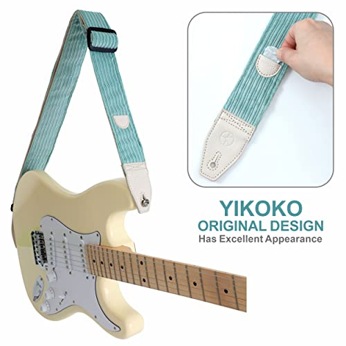 Yikoko Guitar Strap, 2" Corduroy Full Grain Leather End Guitar Straps For Bass, Electric And Acoustic Guitars, Complimentary Strap Button, 1 Pair Of Strap Locks And 4 Guitar Picks - Fresh Mint Green #TOP2