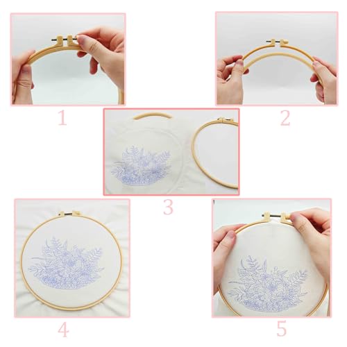 Image of FOXTEMO Embroidery Kit for Beginners Adults, 1 Pack 20CM Embroidery Hoops, Acacia Embroidery Pattern Beginner Embroidery Kit with Needles and Thread Included for Adults Kids