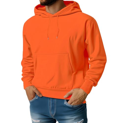 Men's Solid Color Fleece Hoodie Casual Long Sleeve Drawstring Sweatshirt Fashion Pullover with Pocket