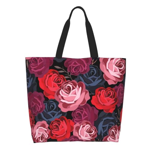 bositigo Rose Print Gym Tote Bags for Women, Cute Rose Print Purse, Reusable Shopping Handbags, Casual Travel Work Daily Waterproof Summer Grocery Bag Holiday Gifts -Large