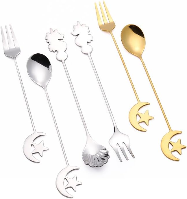 Silverware Flatware Set, 1/4/6/8/10pcs Creative Fruit Spoon 304 Stainless Steel Spoon Seahorse Shell Stirring Coffee Spoon(Gold,10Pcs)