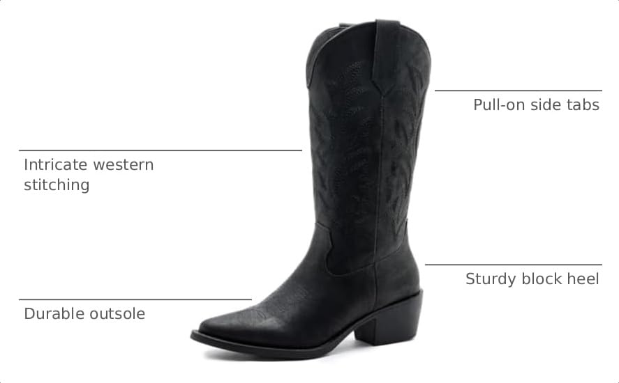 Image of GLOBALWIN Women's Mid Calf Western Cowboy Boots Cowgirl Boots for Women with Floral Embroidery Side Zipper Chunky Heel