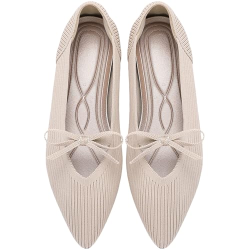 Image of TINGRISE Women's Pointed Toe Flats Comfortable Knit Ballet Shoes Washable Dressy with Bow Business Casual Work Shoes
