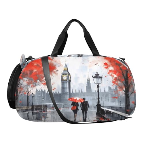 YETTASBIN Sport Travel Duffel Bag for Girls Boys, London Landscape Large Waterproof Weekender Overnight Bag, Detachable Shoulder Strap Gym Bag with Shoe Compartment & Wet Pocket2