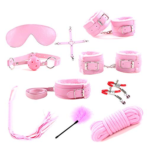 10 Piece Light Pink Bondage Kit for Begginers, BDSM Restraint Kit with Pink Ball Gag, Hand and Ankle Cuffs with Hogtie, Bell Nipple Clamps, Whip, Tickler and Rope