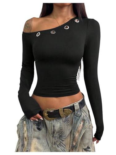 Image of GORGLITTER Off The Shoulder Tops for Women Asymmetrical Grommet Eyelet Long Sleeve Slim Fit Rave Crop Tees Black Medium