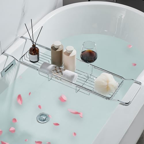 Stainless Steel Bathtub Caddy Tray, Expandable Bath Tub Table, Adjustable Bathroom Tray, Bath Organizer Tub Shelf,Silver,26.8~35.4in