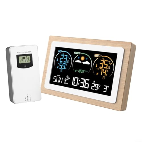CashMuch Station météo sans fil avec cadre en bois, moniteur de température et d'humidité avec capteur, réveil numérique et prévisions météo