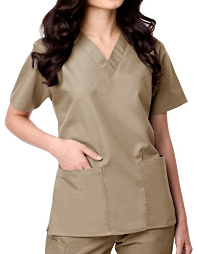Maevn Womens Unisex V-Neck Two Pocket Scrub Top and Flare Leg Pant Set Khaki 2X-Large