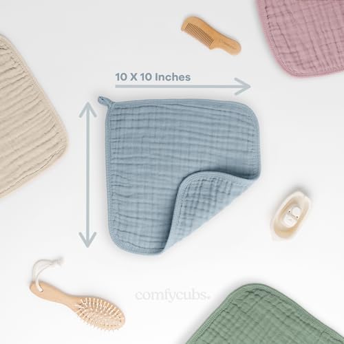 image for Comfy Cubs Muslin Baby Washcloths 10 Pack - Soft 6-Layer Cotton Wash C