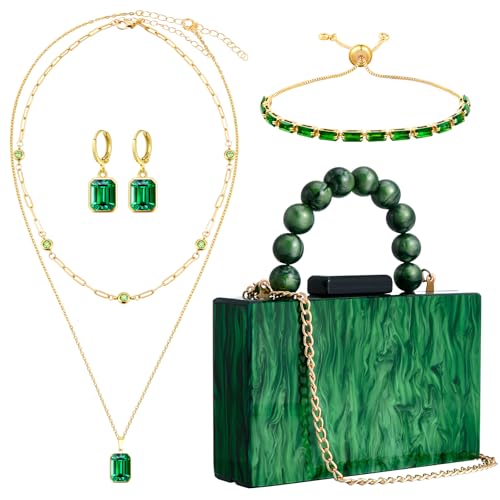Image of Dansydaisy 4 Pcs Acrylic Clutch Bag for Women Evening Handbag Gold Layered Necklace Bracelet Earrings Set for Wedding Party