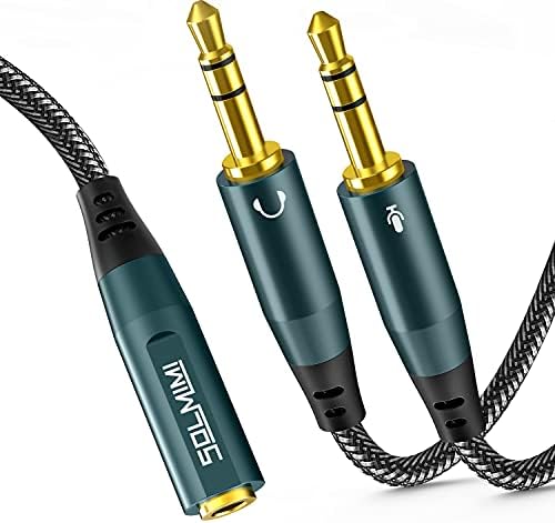 SOLMIMI Headset Splitter, 3.5mm Feminine to 2 Twin 3.5mm Male Headphone Audio Mic Splitter Y Adapter with Separate Microphone and Headphone for PC/Gaming Headset/Laptop computer/Smartphone-30cm/11.8inch